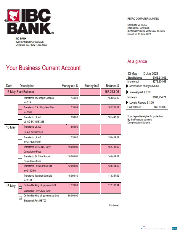Download IBC Bank business checking account statement Word and PDF template Photoshop template